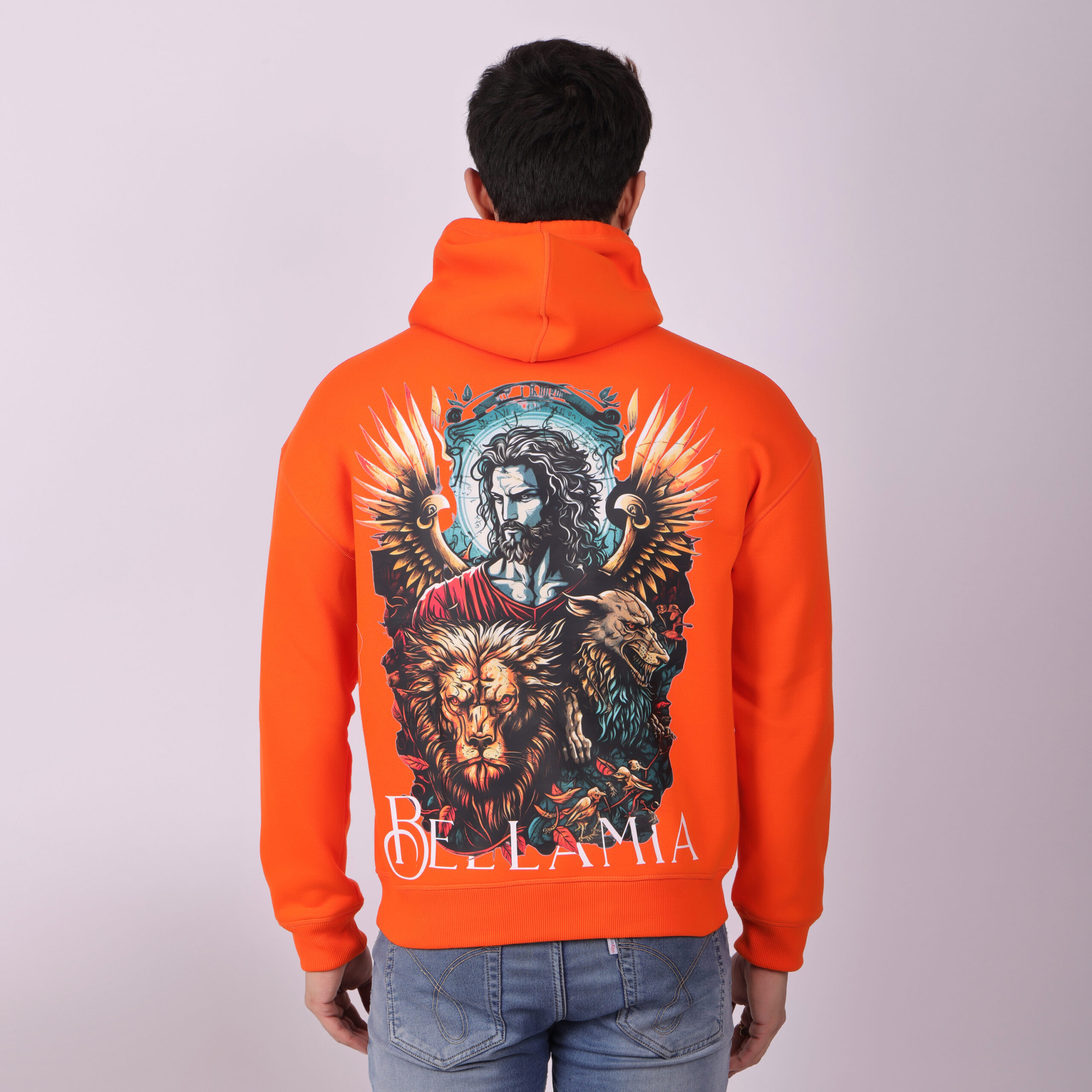 Belamia Orange Printed Oversized Hoodie