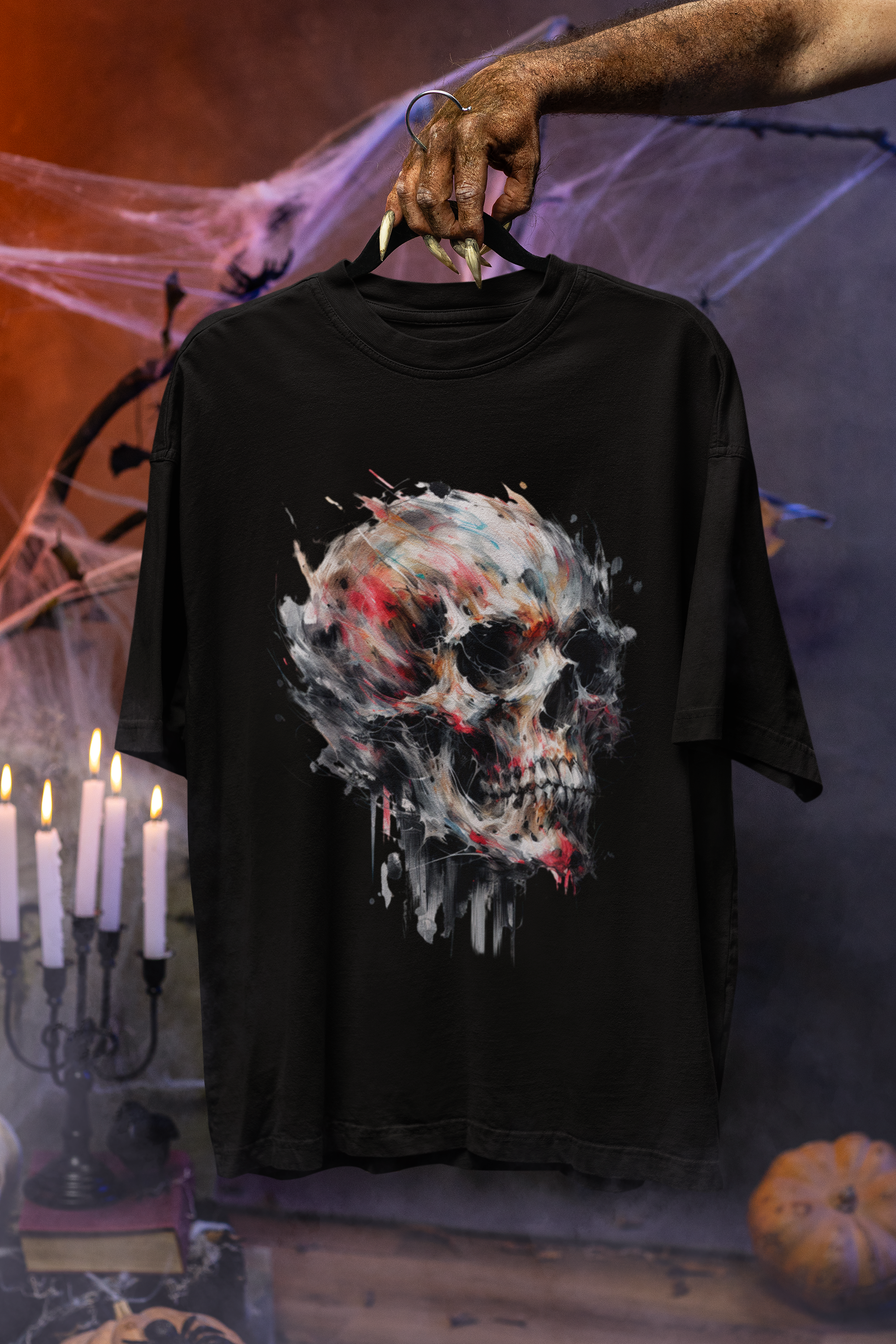 Painted Skull Oversized Black Printed T-Shirt