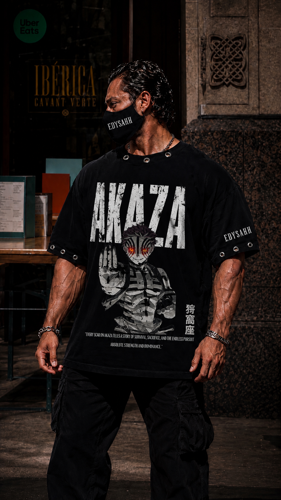 Edysahh AKAZA Oversized Black Graphic T-Shirt for Men | Anime Streetwear Drop Shoulder Cotton Tee (Premium 240 GSM)