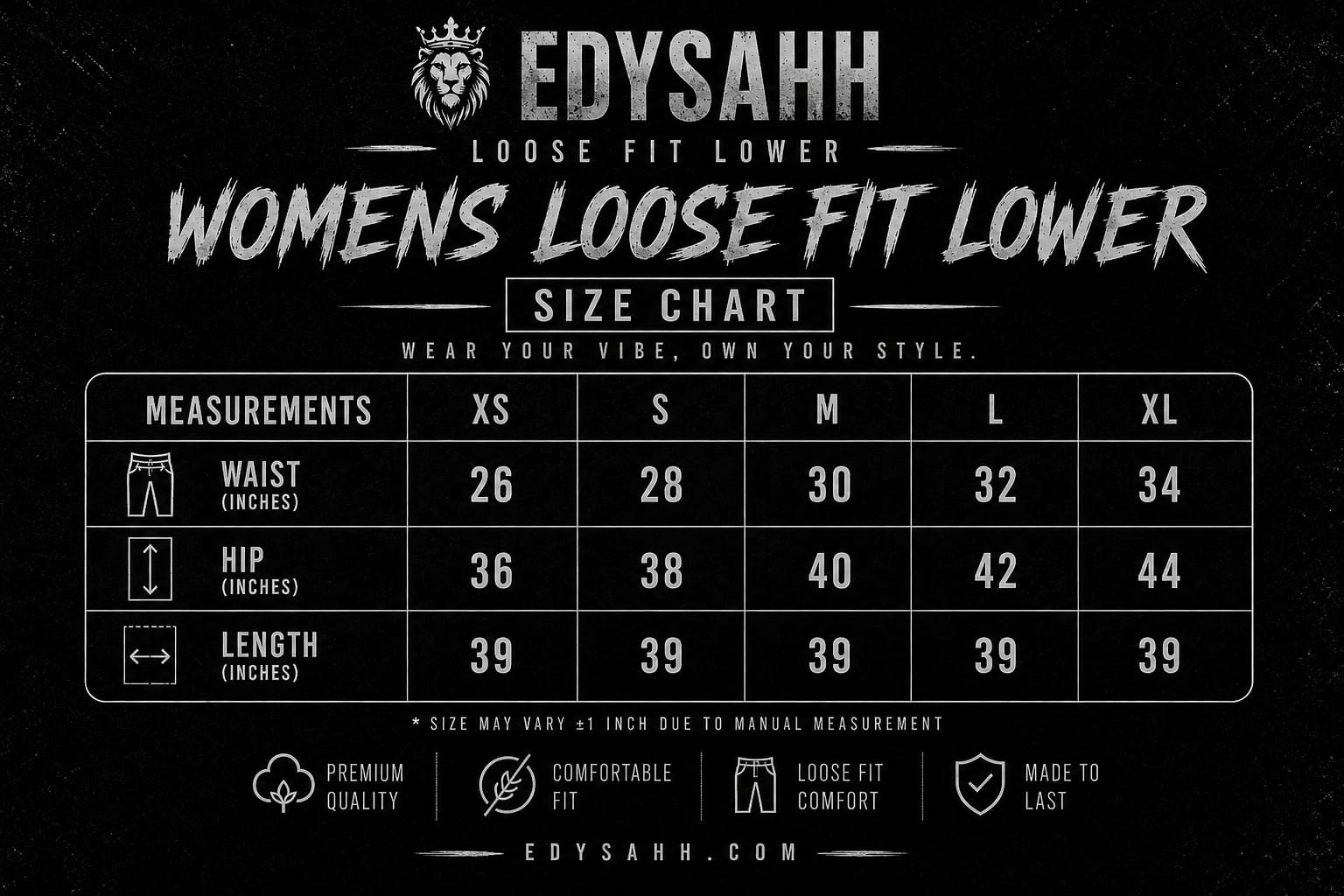 Womens Loose Fit Lower Size Chart